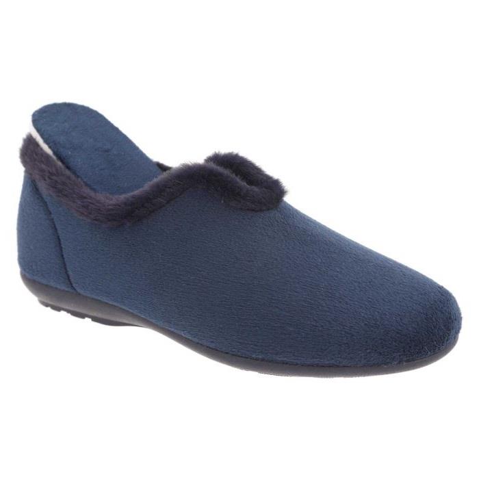 Women's Wide Fit DB Faye Slip on Slippers in Navy Velour - Image 1