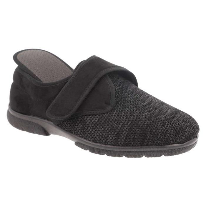 Men's Wide Fit DB Orson Velcro Slippers in Black Stretch / Black Suedette - Image 6