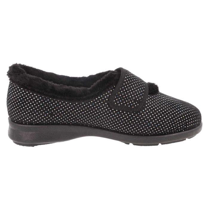 Women's Wide Fit DB Heidi Slippers in Black Velour / Shiny Dot - Image 4