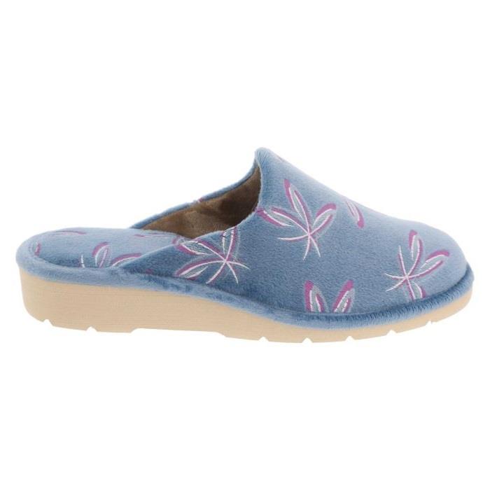 Women's Wide Fit DB Balsam Mule Slippers in Blue Floral Velour - Image 3