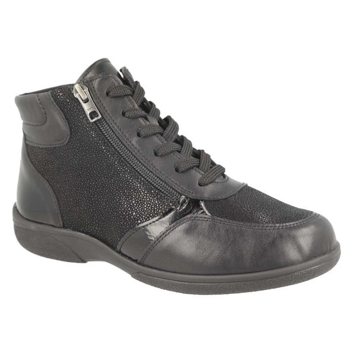 Women's Wide Fit DB Nova Boots in Black Leather / Patent / Stretch - Image 2