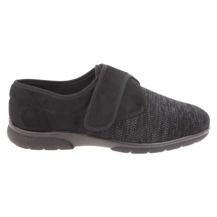 Men's Wide Fit DB Orson Velcro Slippers in Black Stretch / Black Suedette - Image 2