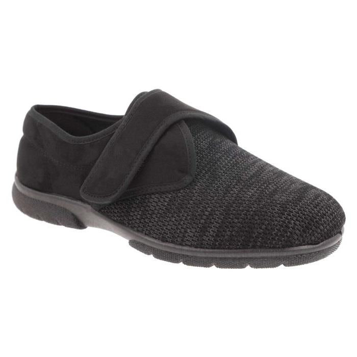 Men's Wide Fit DB Orson Velcro Slippers in Black Stretch / Black Suedette - Image 3
