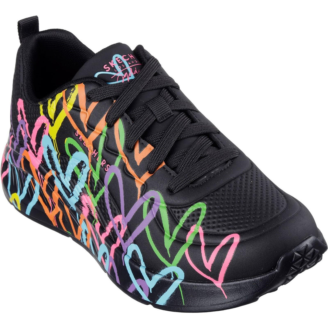 Women's Wide Fit Skechers 177977 Uno Lite Heart Of Hearts Trainers in Black/Multi - Image 3