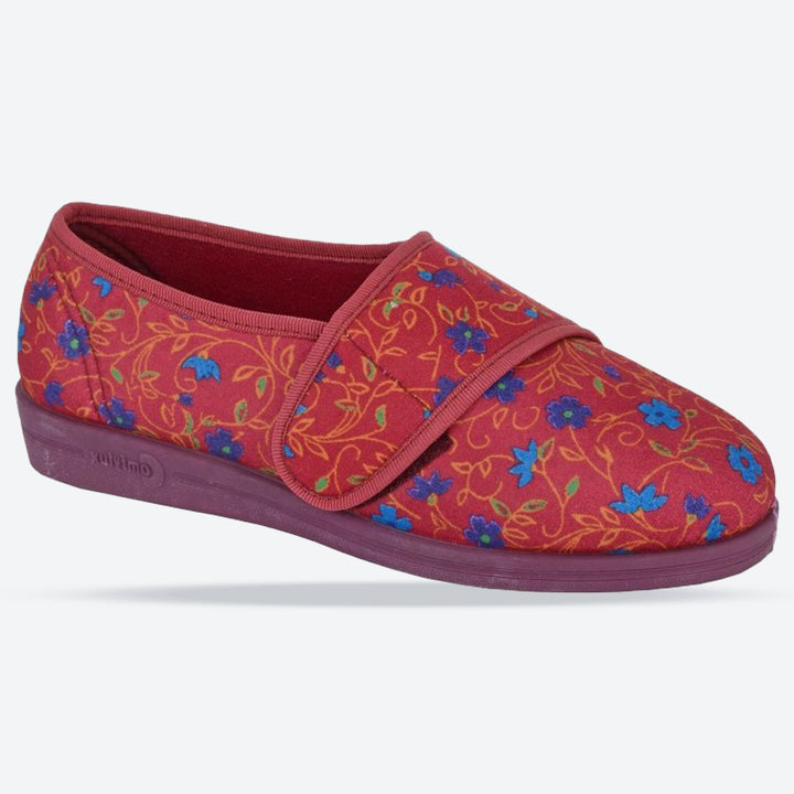 Pantuflas Comfylux Sally de ajuste ancho para mujer in vino floral - Image 1