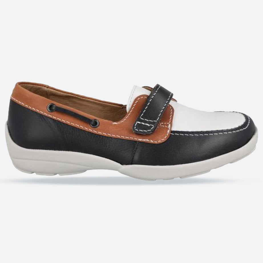 Women's Wide Fit DB Fiddle Shoes in Black Leather / Patent / Spot - Image 4