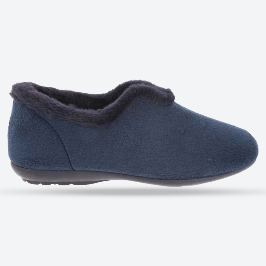 Women's Wide Fit DB Faye Slip on Slippers in Navy Velour - Image 1