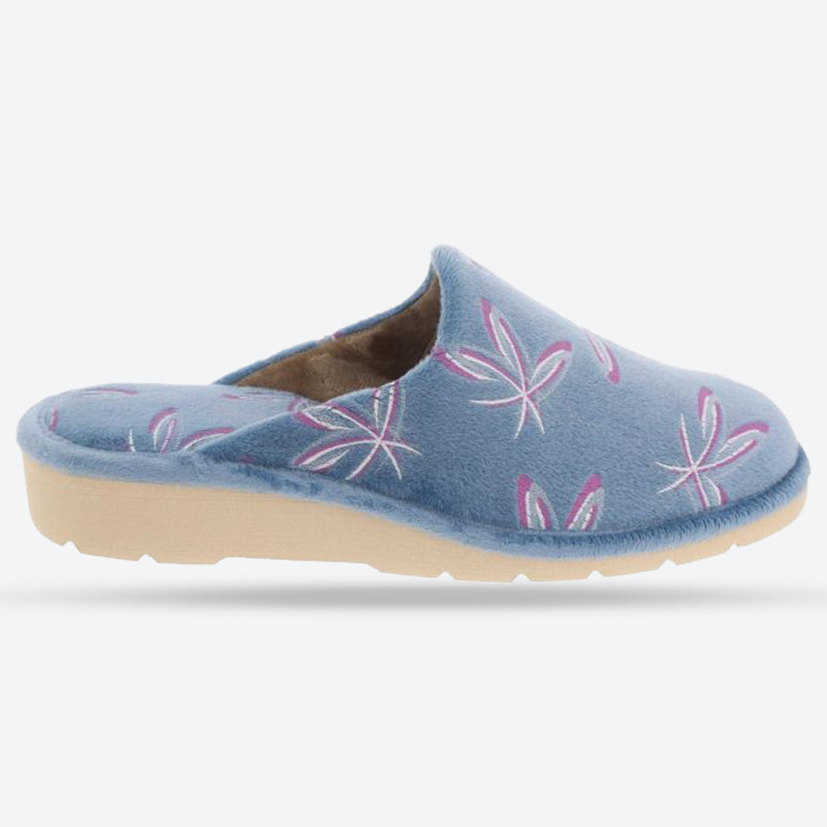 Women's Wide Fit DB Balsam Mule Slippers in Blue Floral Velour - Image 1