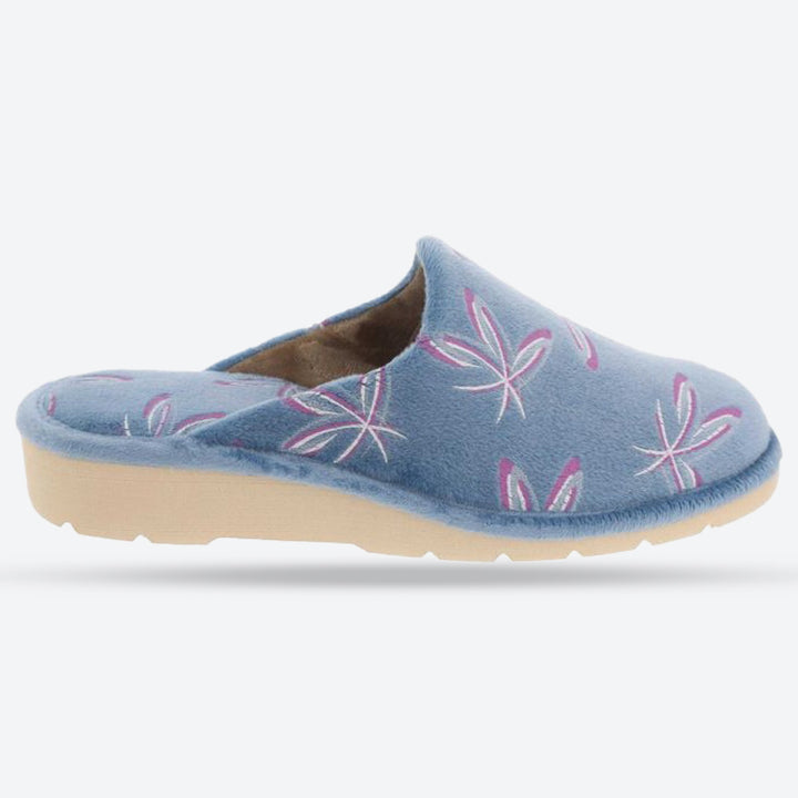 Women's Wide Fit DB Balsam Mule Slippers in Blue Floral Velour - Image 1