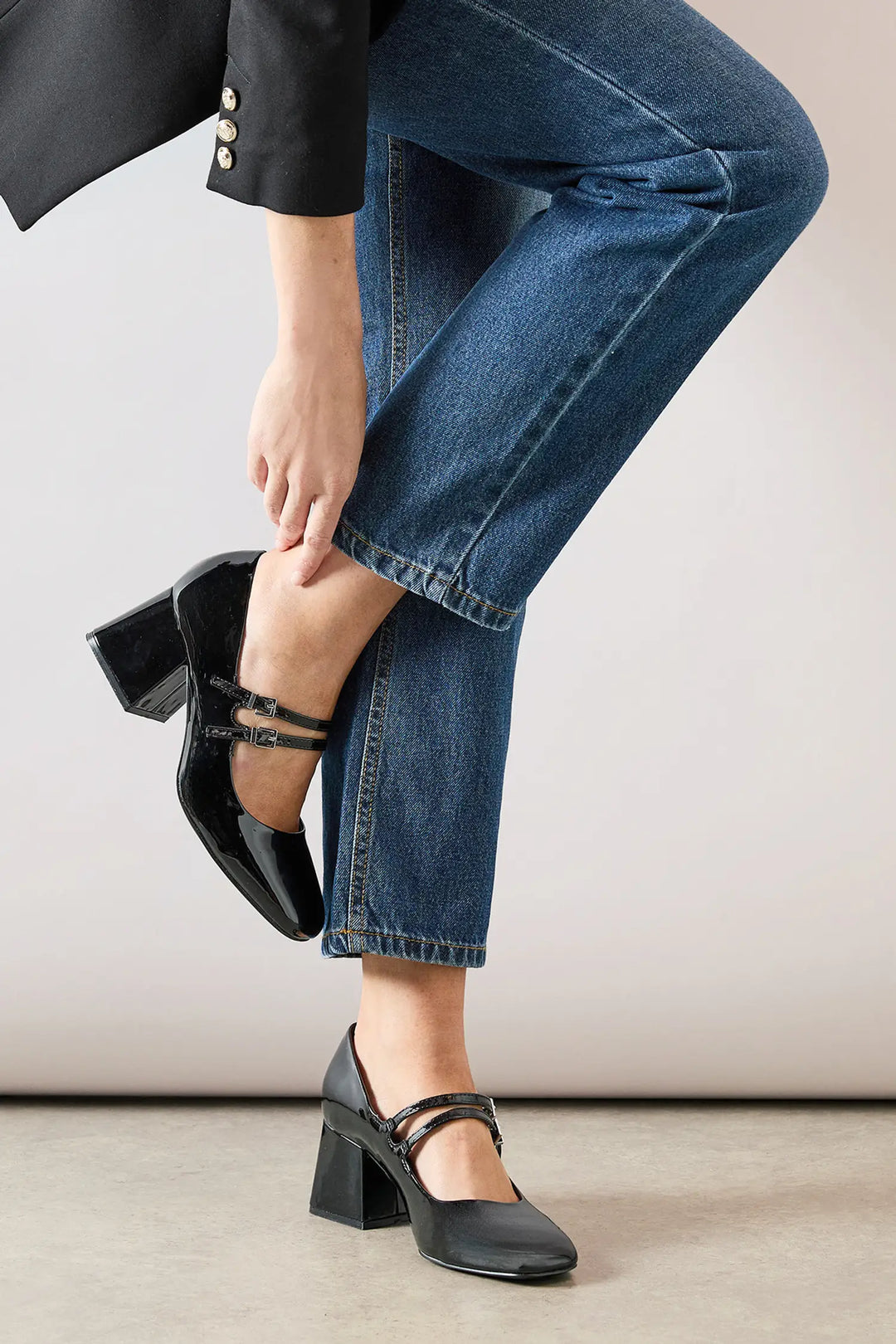 Women's Wide Fit Good For The Sole Dawn Faux Double Mary Jane Court Shoes in True Black - Image 1