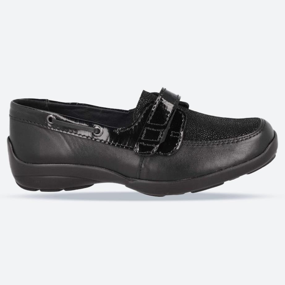 Women's Wide Fit DB Fiddle Shoes in Black Leather / Patent / Spot - Image 1