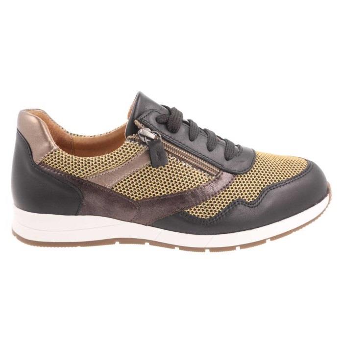 Women's Wide Fit DB Ava Lace Up Trainers in Black Leather / Gold Mesh - Image 2