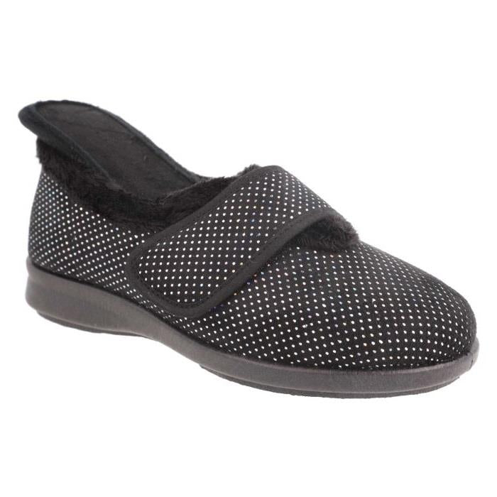 Women's Wide Fit DB Heidi Slippers in Black Velour / Shiny Dot - Image 6