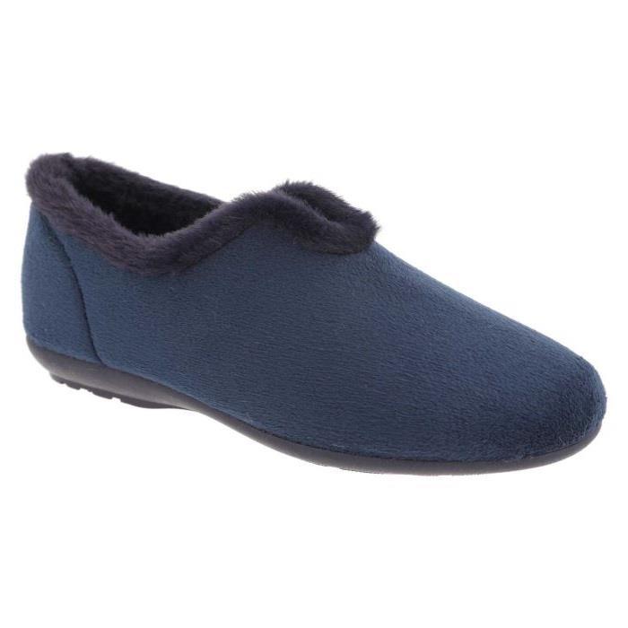Women's Wide Fit DB Faye Slip on Slippers in Navy Velour - Image 1