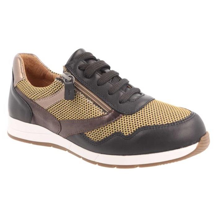 Women's Wide Fit DB Ava Lace Up Trainers in Black Leather / Gold Mesh - Image 1
