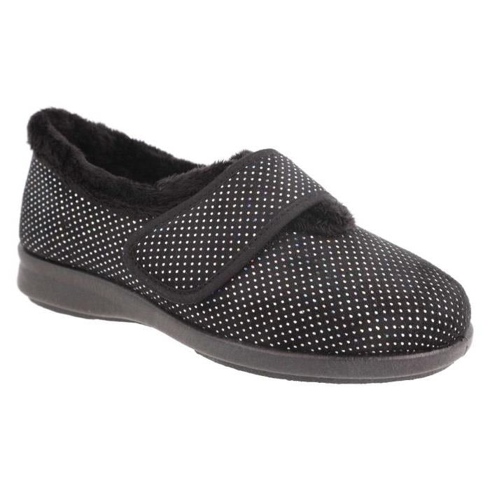 Women's Wide Fit DB Heidi Slippers in Black Velour / Shiny Dot - Image 1