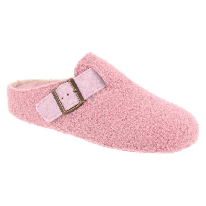 Women's Wide Fit DB Gill Buckle Mule Slippers in Pink Fleece - Image 1