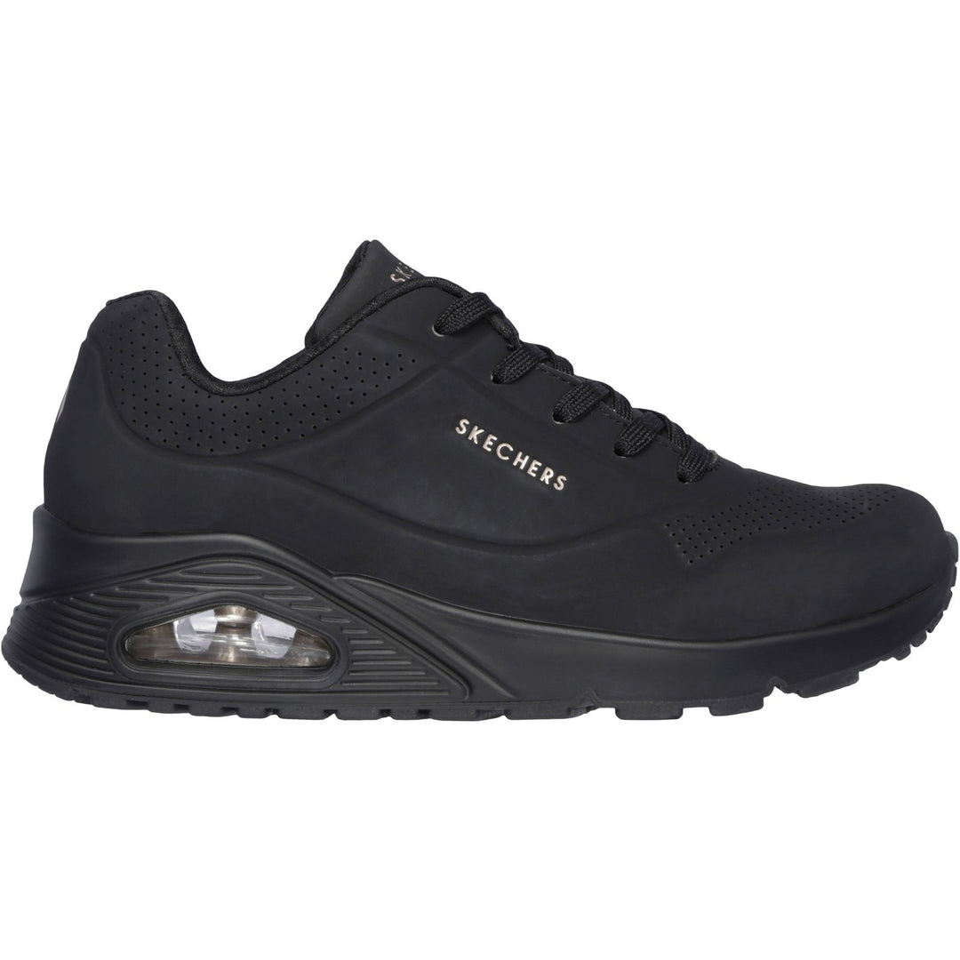 Women's Wide Fit Skechers 73690 Uno Stand On Air Walking Street Wear Trainers - Black/Black