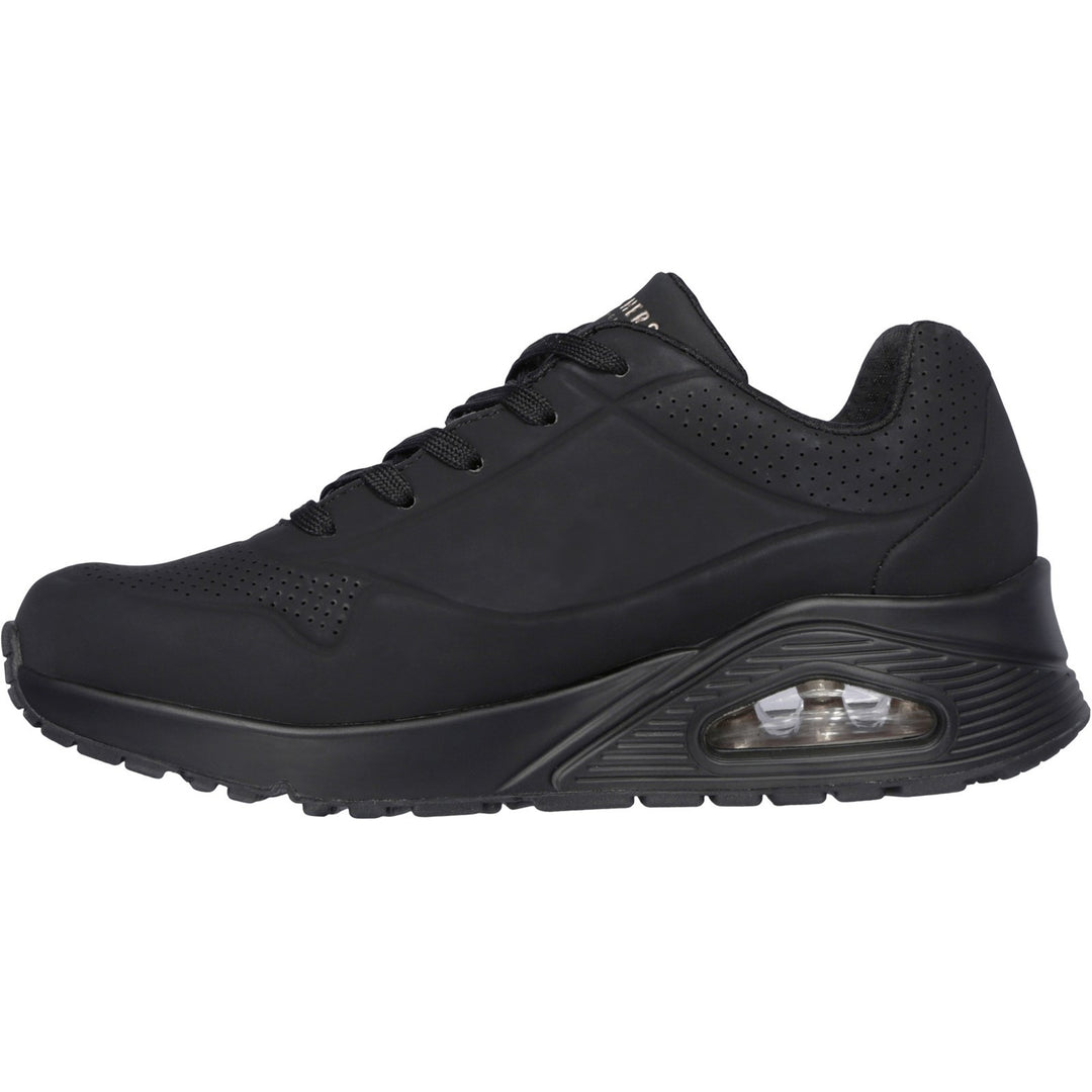 Women's Wide Fit Skechers 73690 Uno Stand On Air Walking Street Wear Trainers - Black/Black